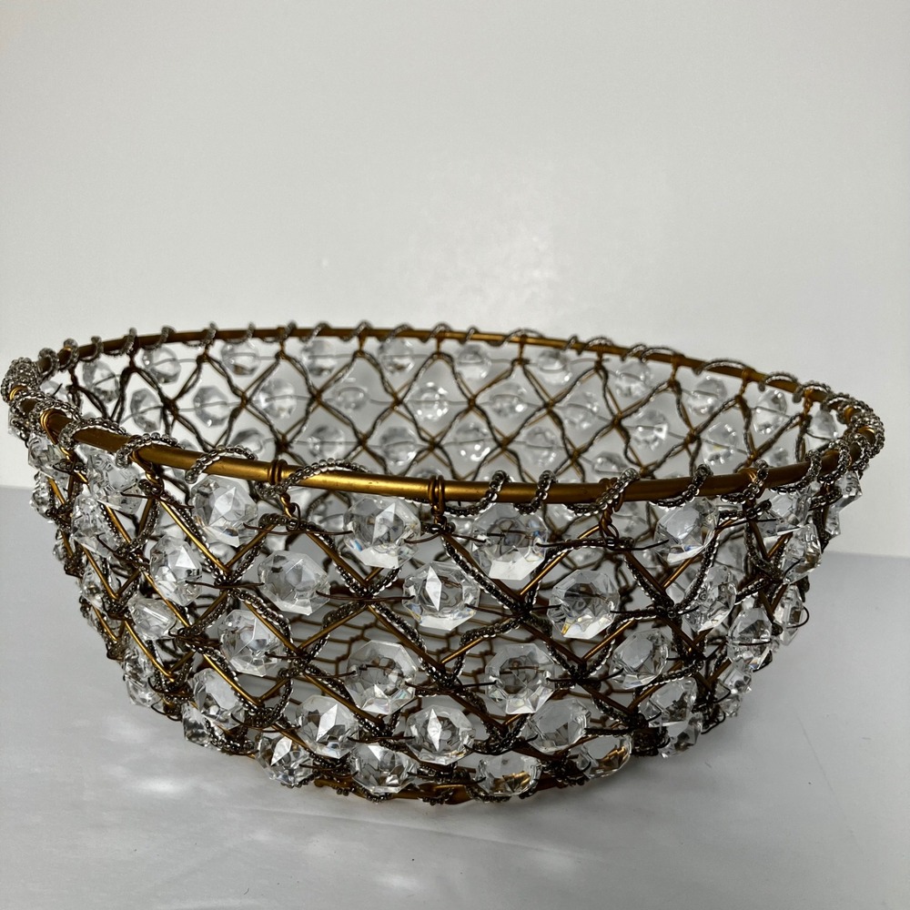 Vintage Gold Wire Crystal Basket Decorative Beaded Bowl Centerpiece 10 Inch